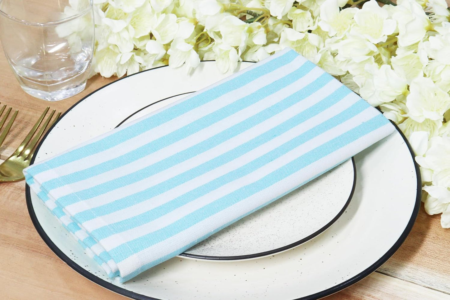 PurpleEssences Plain Striped Cloth Napkins - Set of 12-100% Cotton - 18 x 18 Inch - Fall Thanksgiving - Perfect Everyday Use Dinner Napkin - Aqua Blue White