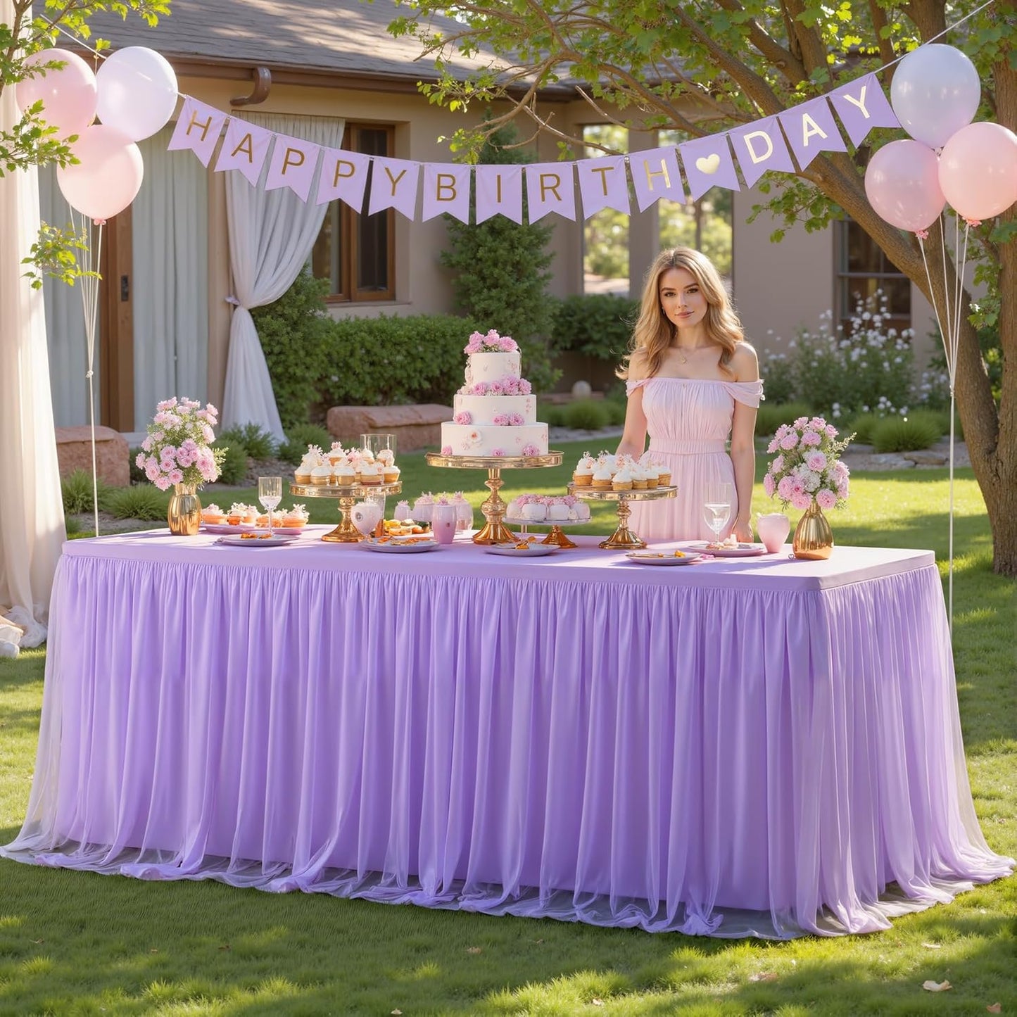 Suppromo 6 Pack 8ft Lavender Tulle Tablecloths for Rectangle Tables 8 Foot Rectangular Table Cloth Wrinkle Free Table Cover with Tutu Skirt for Wedding Baby Shower Birthday Party Banquet Buffet Cake