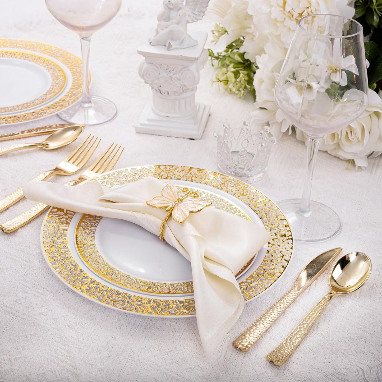 Supernal 300pcs Gold Plastic Forks,Disposable Hammered Forks,Premium Heavyweight Silverware Polished,Perfect for Big Party,Christmas Party Silverware