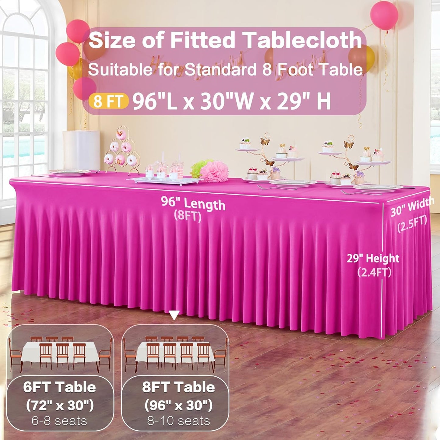 2 Pack Hot Pink Spandex Tablecloths for 8 Foot Rectangle Tables, Wrinkle Free Fitted Table Cloths Fuchsia 8ft Stretchy Table Cloth Cover with Skirt for Parties Weddings Birthday Banquet Baby Shower