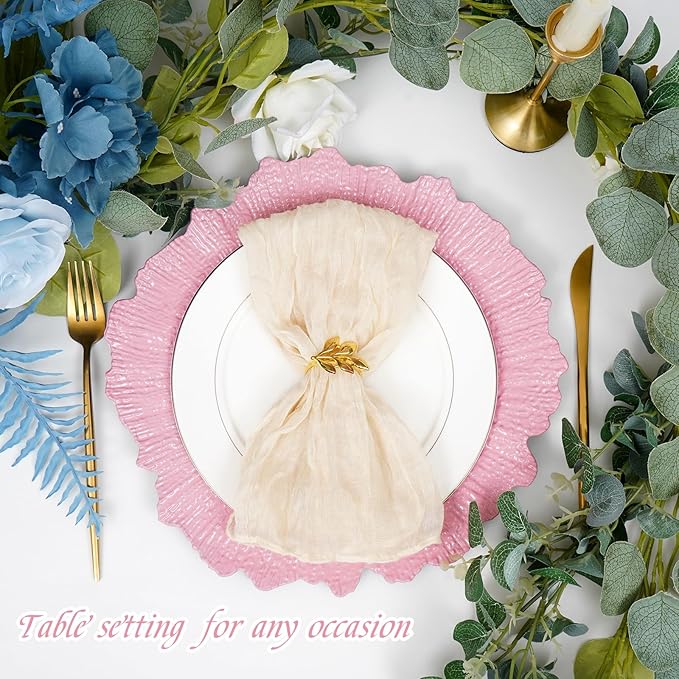 24 Pack Pink Charger Plates Bulk, 13" Plastic Reef Chargers for Dinner Plates, Round Charger Plate with Floral Reef Design for Dinner Wedding Party Table Setting Decoration