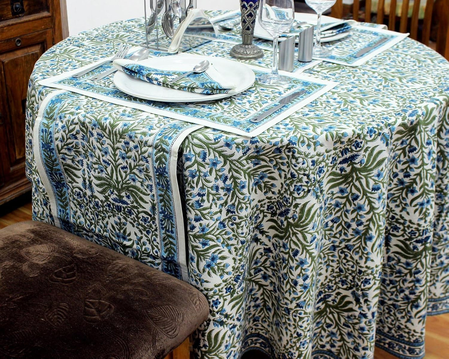 90 Inches Round Hand Block Printed Cotton Tablecloth, Blue White Floral Table Cloths Washable, Indian Table Linen for Dinning Home Decor Autumn Outdoor Thanksgiving Gifts
