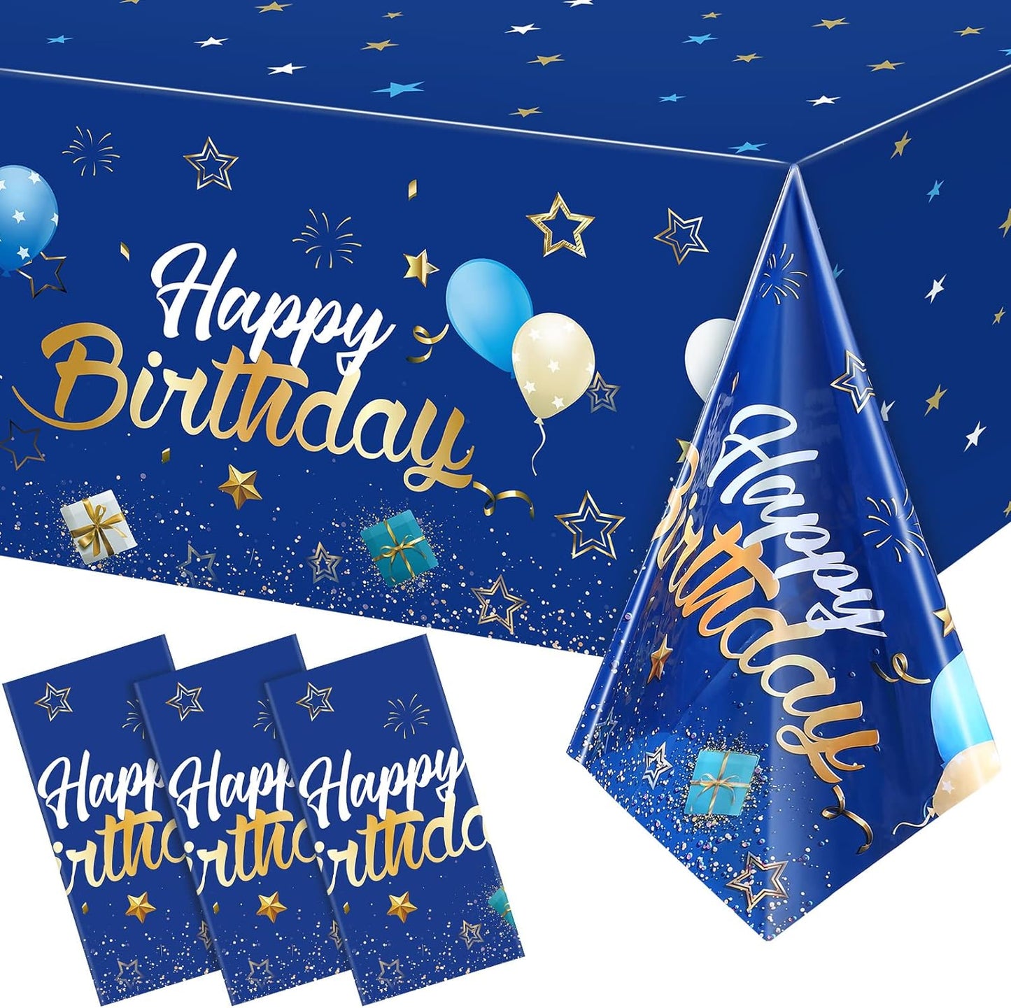 Tegeme Navy Blue Party Supplies Stars Happy Birthday Tablecloths Starry Confetti Table Covers for Kids Boys Girls Baby Shower Birthday Party Decorations(Navy Blue and Gold,3 Pack)