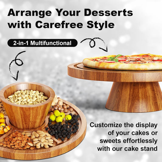 Acacia Wood Cake Stand with Lid - 12in Round Cake Holder, 2-in-1 Dessert Table Display Set & Charcuterie Board for Cheese, Chips & Dips, Nachos, Fruit Platter, Large Acrylic Cake Dome Cover
