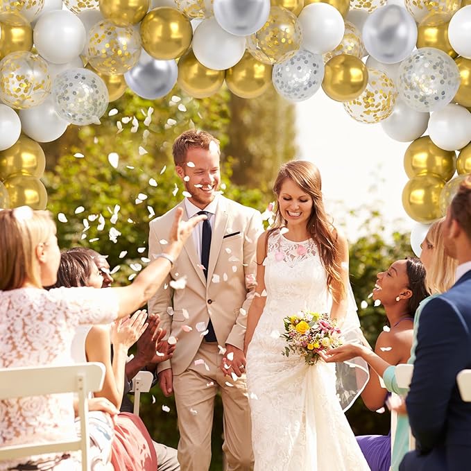 White and Gold Balloons, 60Pcs 12Inch White Latex Balloons Metallic Gold Silver Confetti Balloons with Ribbon for Girls Boys Birthday Baby Shower Wedding Graduation Engagement Party Decoration