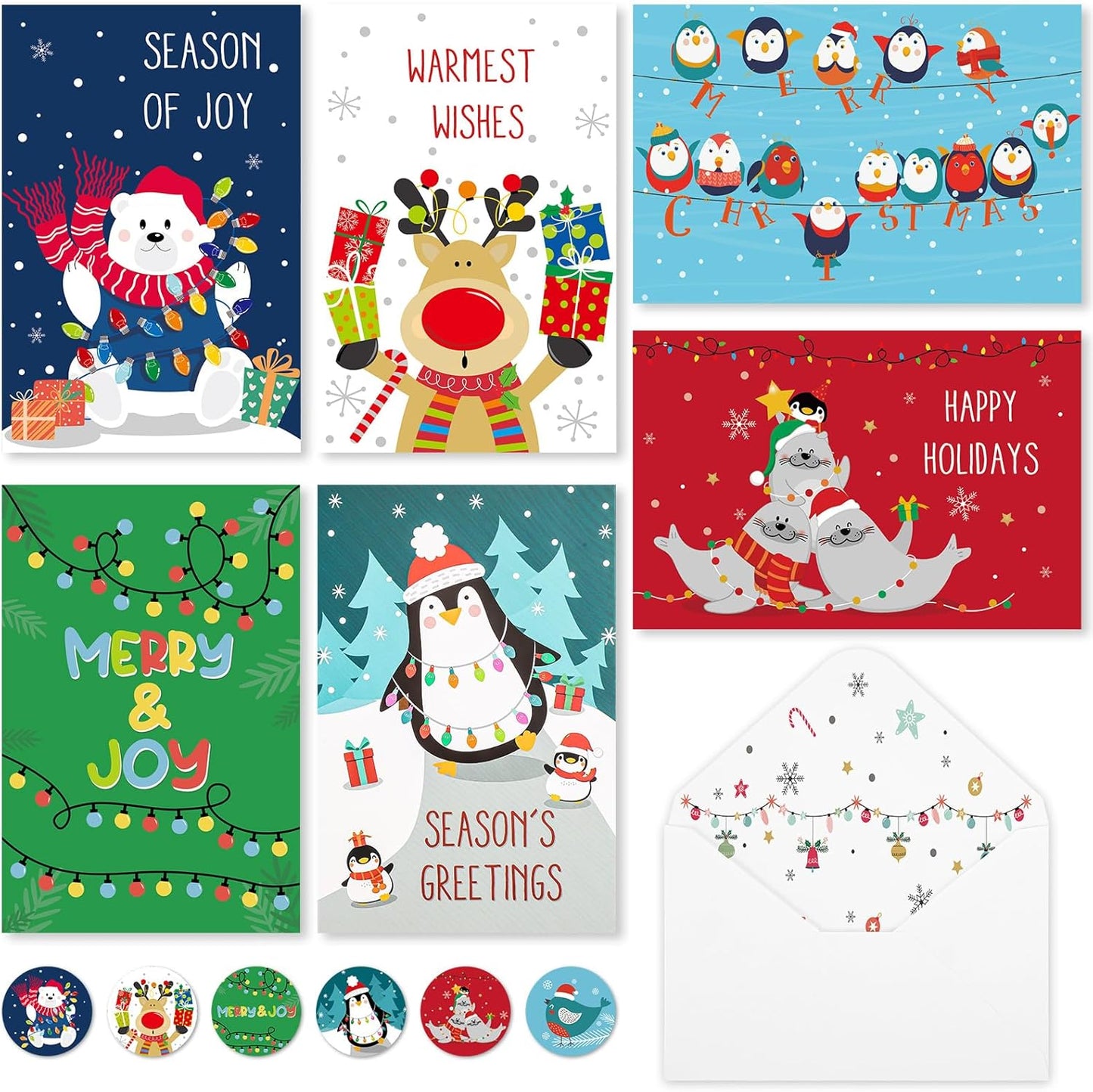 Christmas Cards with Envelopes & Stickers, 36 Pack 4x6 Inch Merry Christmas Cards, Funny Holiday Card, 6 Assorted Designs Greeting Card for Xmas