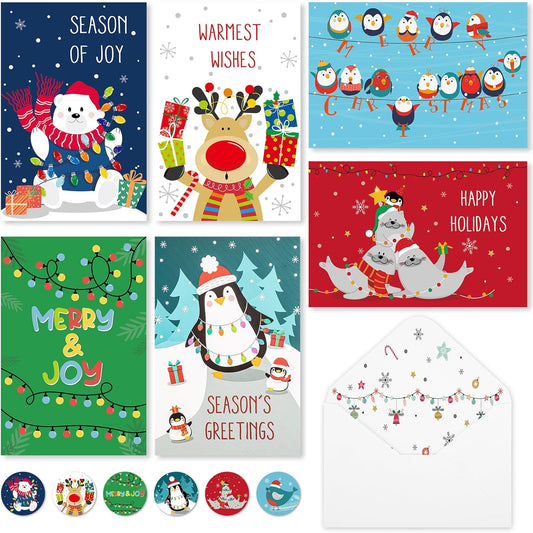 Christmas Cards with Envelopes & Stickers, 36 Pack 4x6 Inch Merry Christmas Cards, Funny Holiday Card, 6 Assorted Designs Greeting Card for Xmas