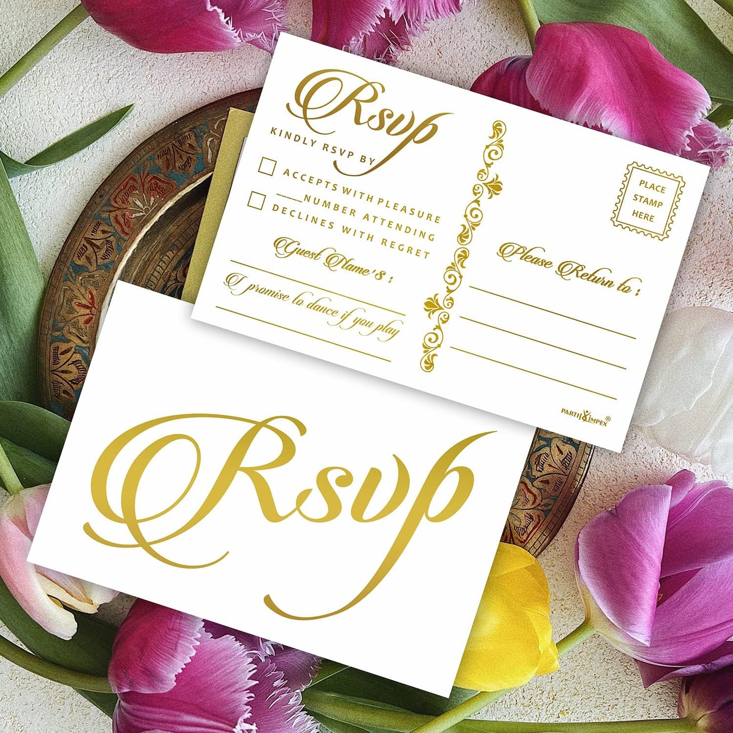 PARTH iMPEX RSVP Postcards for Wedding - Pack of 50 Gold Foil 4x6 Response Cards with Mailing Side White Mailable Invitations for Bridal Shower Reception Engagement Party Anniversary Event Stationery