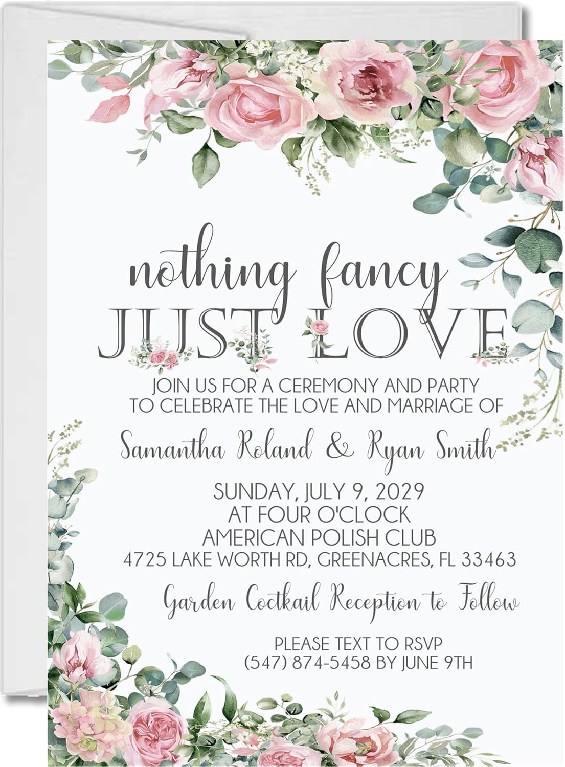 Pink Rose Wedding Invitations, Garden Floral, Personalized, Set of 12 Invitations with Envelopes