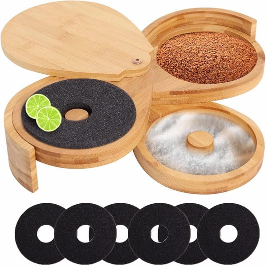Bamboo Margarita Salt Rimmer Set - 3 Tier Glass Rimmer with Lid and 6 Sponges for Cocktails, Bar Salt and Sugar for House Party, Bloody Mary, Manhattan Drinks