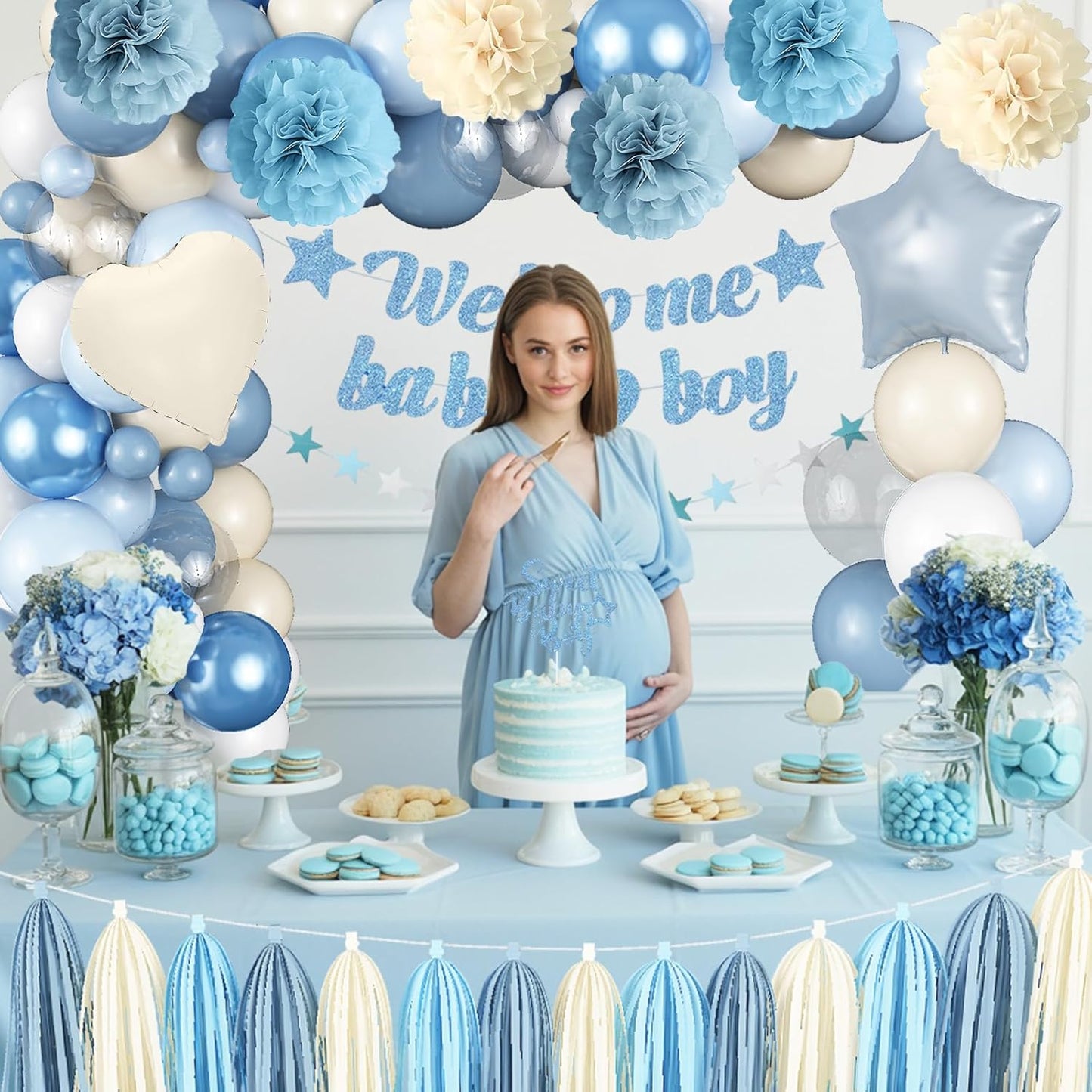 Dusty Blue Baby Shower Decorations for Boy, Welcome Baby Boy Banner Slate Light Metallic Blue White Sand Latex Balloons with Pom Poms Cake Topper Tassel for Boho Baby Shower Birthday Party Supplies