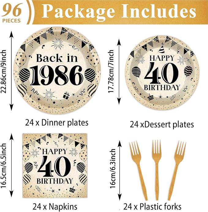 96Pcs 40th Birthday Party Paper Plates and Napkins for Back in 1986 Themed Party Supplies Vintage 40 Year Old Dessert Plates 40th Tableware for Men Women Birthday Gatherings Decorations