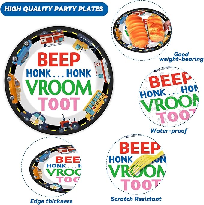 OBUSATT 96Pcs Transportation Party Supplies Traffic Jam Cars Trucks Paper Plates Napkins Construction Party Decorations Transportation Dinnerware Party Favor Transport Vehicle Tableware Serves 24