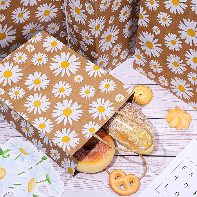 Whaline 12 Pack Daisy Flower Goodie Bags Hippie Daisy Flower Gift Kraft Paper Bags with Handles Floral Gift Bags for Spring Party Favor Wedding Birthday Shopping Baby Shower, 5.9 x 8.3 x 3.1 Inch
