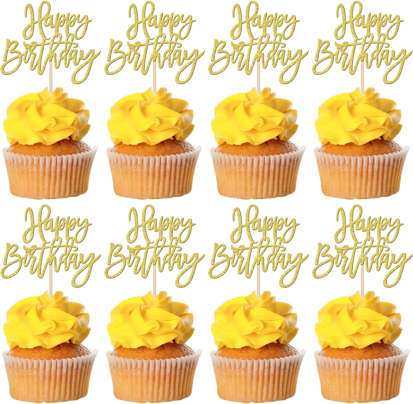 24 PCS Happy Birthday Cupcake Toppers Glitter Picks for Celebrating Anniversary Theme Party Cake Decorations Supplies Gold