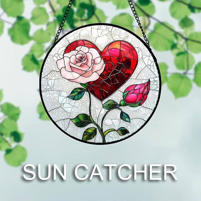 Stained Glass Window Hanging Red Heart Pink Rose Flower Large 15" - Suncatcher Door Garden Sun Catcher Decor Birthday Anniversary Valentines Day Gifts for Woman Wife Men Her Him Lovers Mom