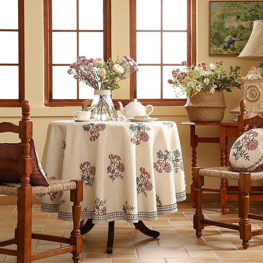ISAENNE Designer Linen Light Beige Round Tablecloth,French Colorful Floral Table Cloth,Fall Stain Resistant Decor Tablecloths for Dining Thanksgiving Christmas Kitchen,Diameter 67"-Helena E