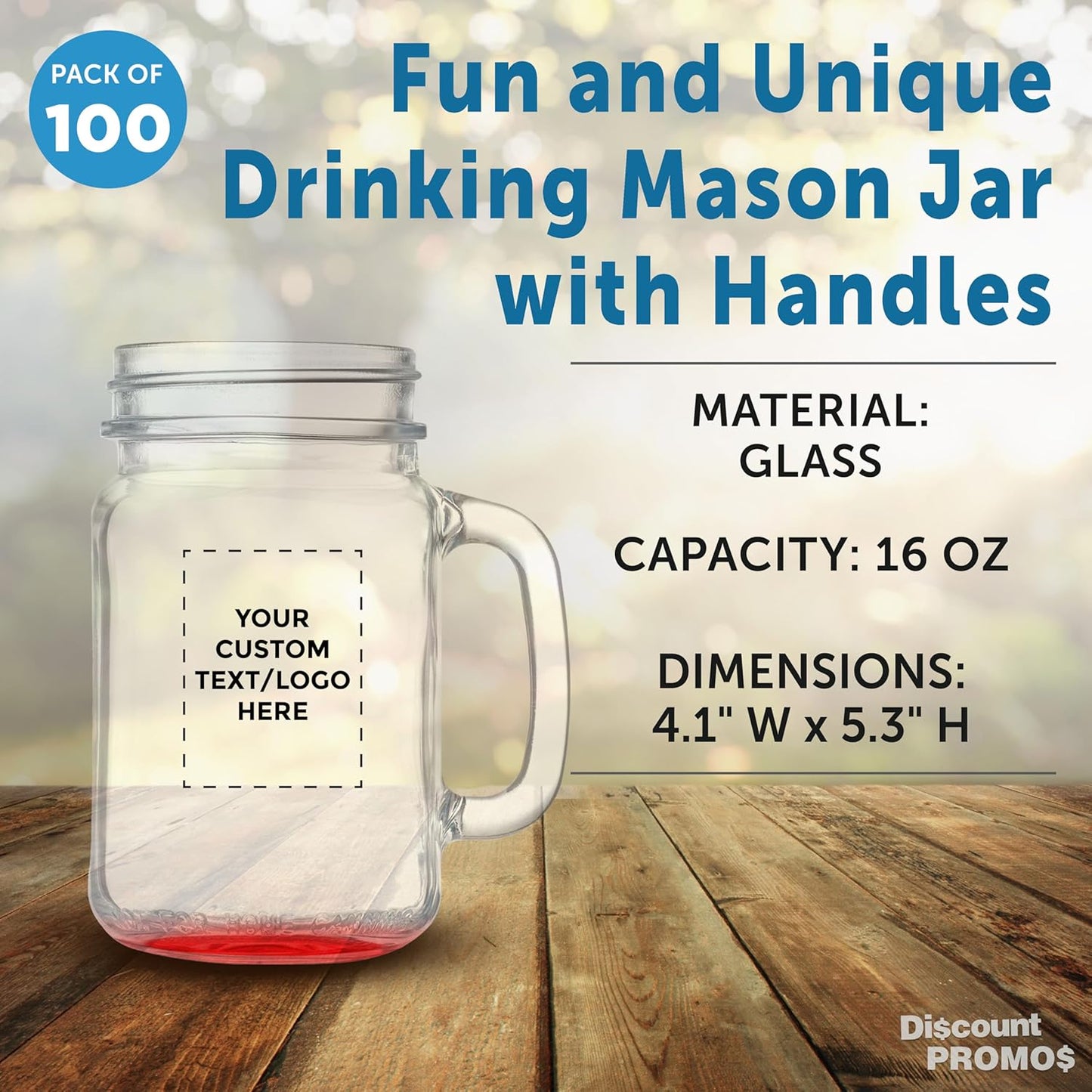 DISCOUNT PROMOS Custom Libbey Mason Jars w/Handles 16 oz. Set of 100, Personalized Bulk Pack - Traditional style, High standard - Red