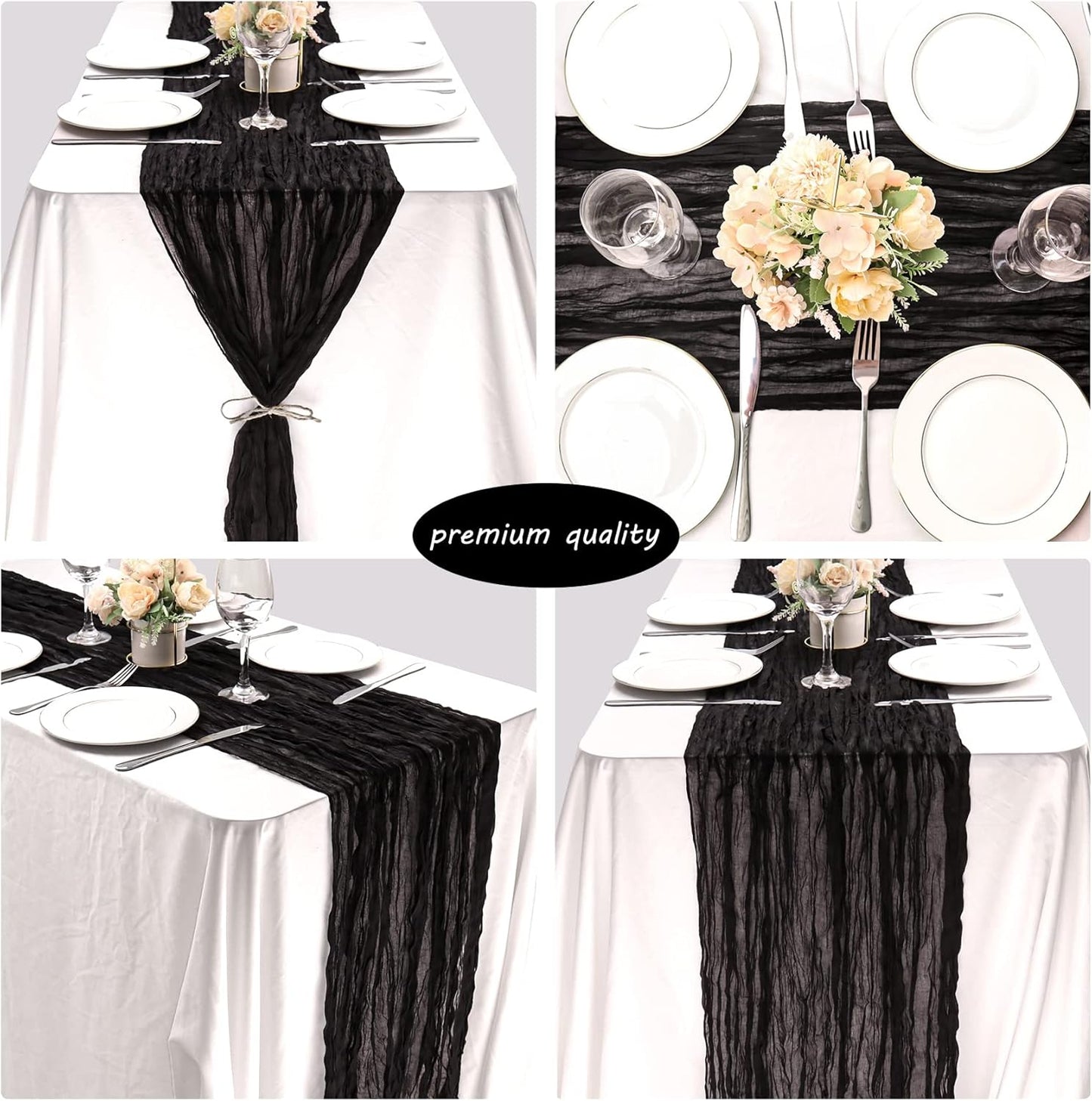 12 Pack Boho Gauze Table Runner 35x72 Inch - Rustic Cheese Cloth Long Table Runner for Wedding, Bridal Shower, Birthday Party Decor (Black)
