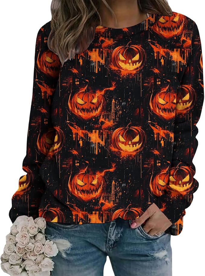 LIZALIG Pullover Cute Sweatshirt Orange Skeleton Fall Festive FunWomens Design Bat Holiday Party Outings Pumpkin Print