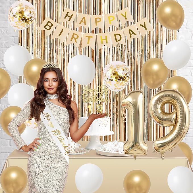Trgowaul Happy 19th Birthday Decorations for Girls, Banner, Sash and Crown, Cake Topper, 19 Number Balloon, Fringe Curtains, Champagne Gold 19th Birthday Party Supplies