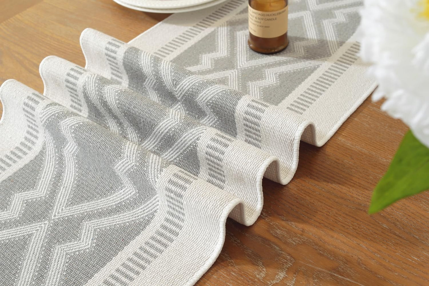 Boho Table Runner ， Natural Cotton Woven Gray Runner，for Modern Farmhouse Decor, with Tassels for Home Dining Table Decor 14 x 90 Inch Long