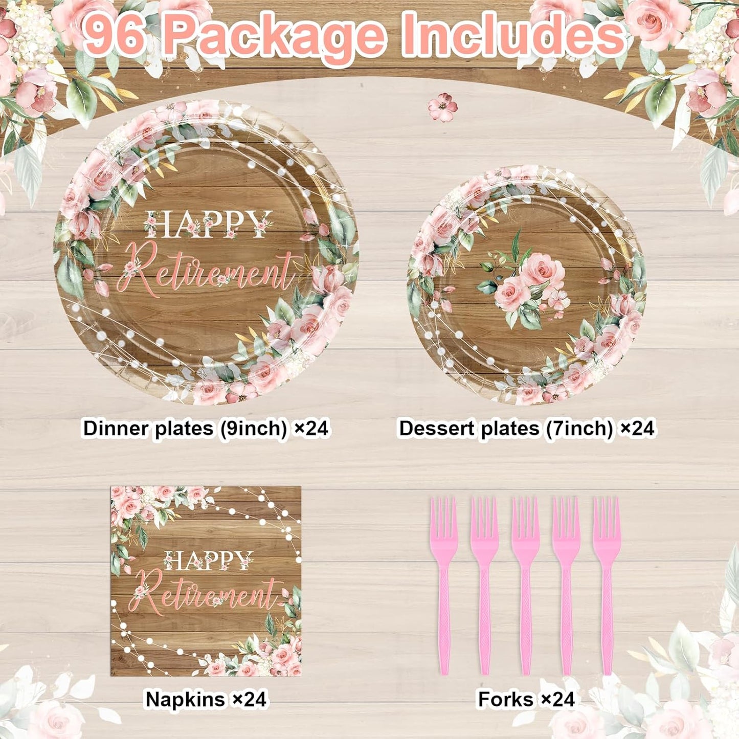 Avezano 96 PCS Retirement Party Decorations Rustic Pink Floral Happy Retirement Plates Tableware Women Farewell Party Supplies, Serves 24