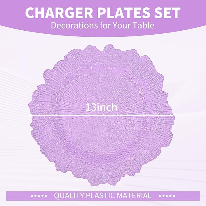 24 Pcs Lavender Charger Plates Bulk 13 Inch Plastic Charger Plates for Dinner Plate, Lavender Chargers for Table Setting, Reef Design Plate Floral Decorative Round Chargers for Wedding Party, Event