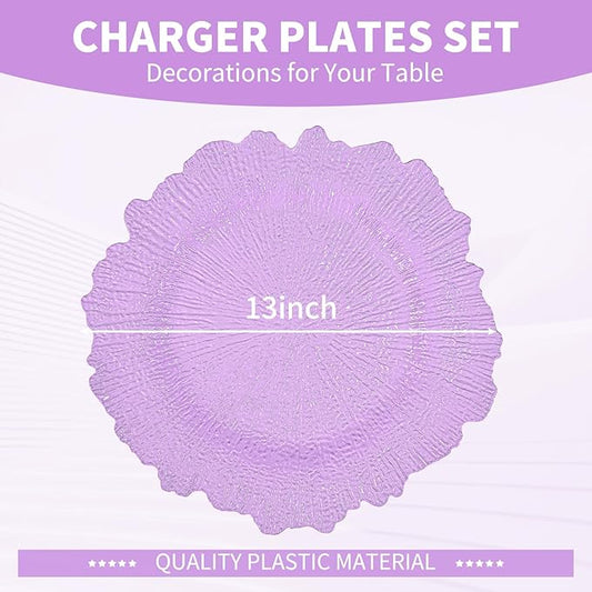 24 Pcs Lavender Charger Plates Bulk 13 Inch Plastic Charger Plates for Dinner Plate, Lavender Chargers for Table Setting, Reef Design Plate Floral Decorative Round Chargers for Wedding Party, Event