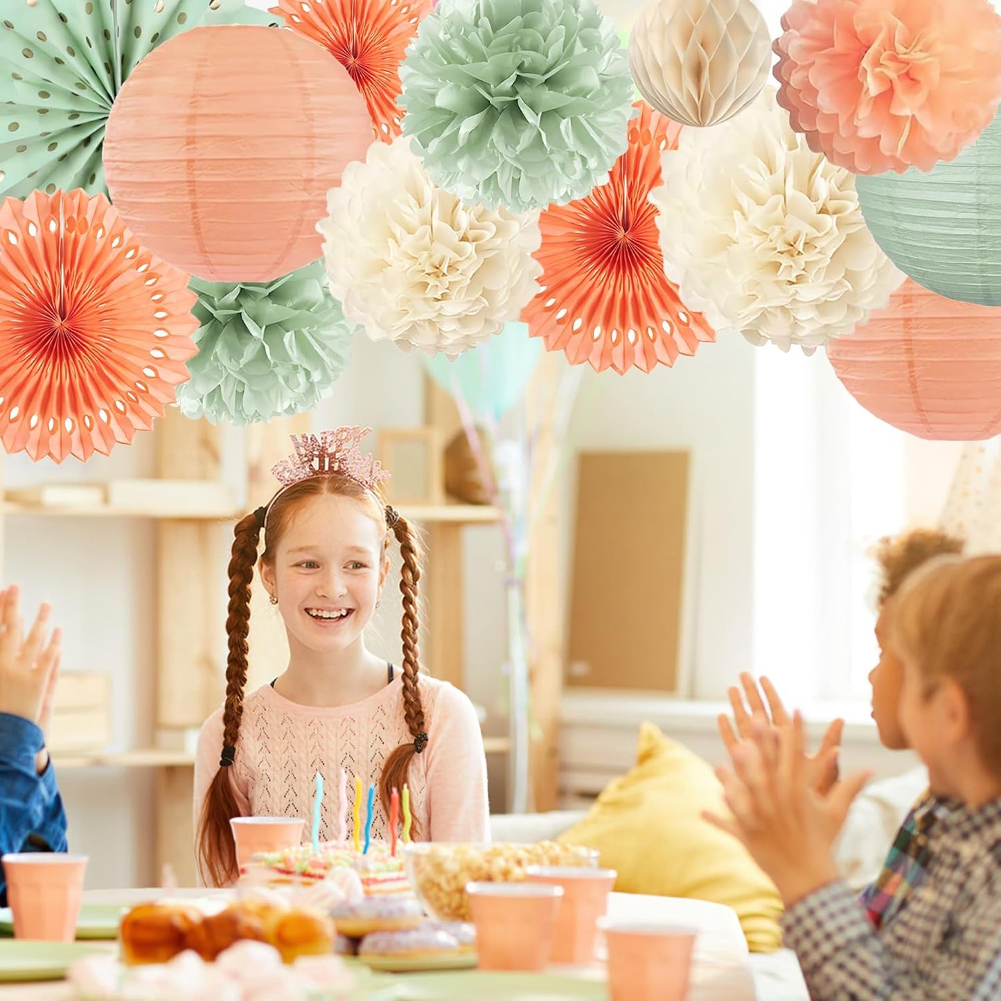 Sage Green and Peach Party Decorations Sage Green and Peach Paper Fans Paper Lanterns Pom Poms Flowers for Baby Shower Birthday Wedding Engagement Party