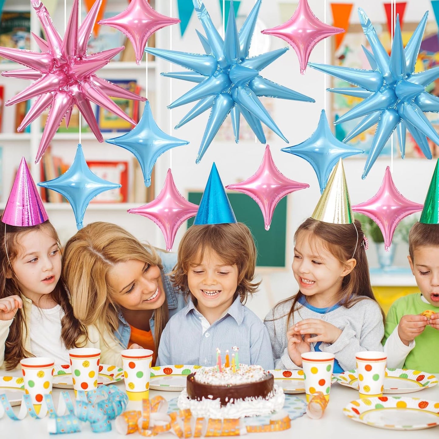 Pink Blue Star Balloon,6Pcs 22Inch Explosion Star Balloons and 10Pcs 10Inch Four Angle Balloons Kit for Gender Reveal Birthday Anniversary Baby Shower Wedding Party Decorations