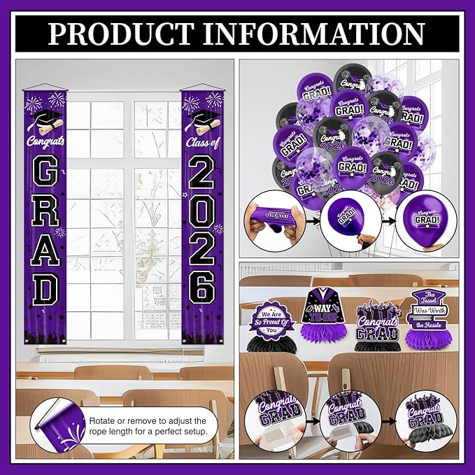 Graduation Decorations Class of 2026 Purple Graduation Party Decor Set include Congrats Grad Banner Backdrop Class of 2026 Balloons Party Supplies