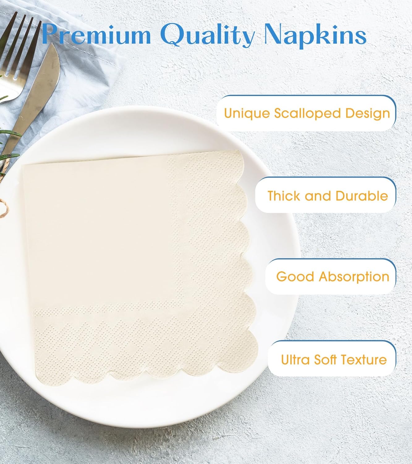 100 Pack Cocktail Napkins 3-Ply Scalloped Edged Wedding Napkins Folded 5 x 5 Inches Dessert Napkins, Disposable Napkins for Dinner Birthday Party Bridal Anniversary Baby Shower Reception (Milky-White)