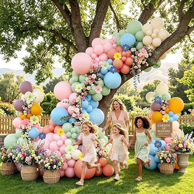 Blue Green Pink Balloon Arch with Cosmos Kelsang Flowers Double Stuffed Pastel Green Purple Yellow Beige Balloons for Wildflower Baby Shower Easter Spring Tea Gender Reveal Bridal Party Decor