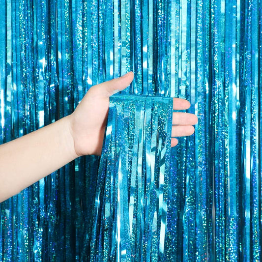 Melsan 2 Pack 3.2 ft x 8.2 ft Teal Tinsel Foil Fringe Curtains Backdrop, Sparkle Metallic Foil Curtains for Frozen/Mermaid/Under Sea Birthday Party Decoration