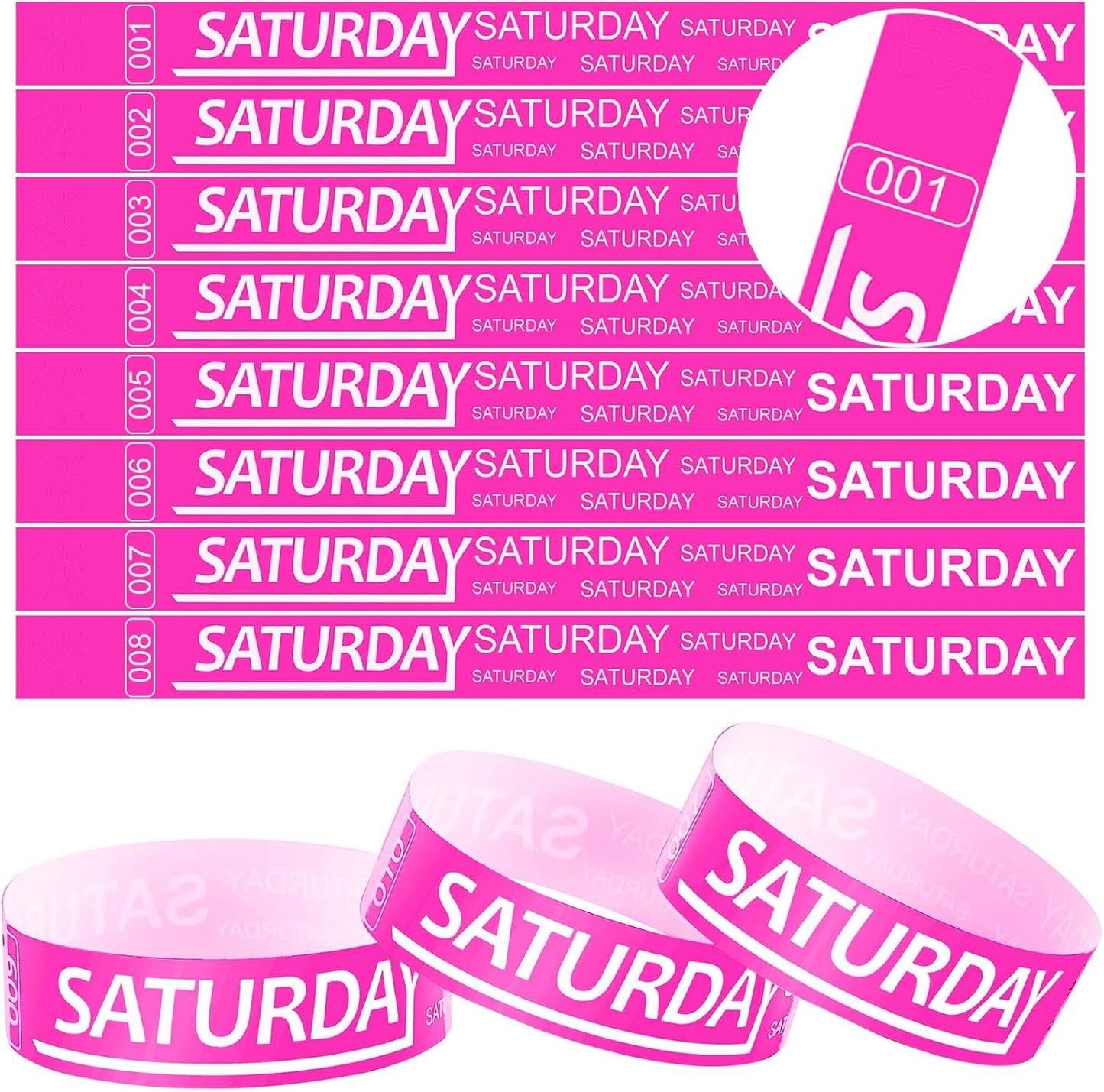 Henoyso 600 Pcs Saturday Paper Wristbands Event Admission Paper Bracelets Numbered Waterproof Party Armbands for Events Day of The Week(Rose Red)