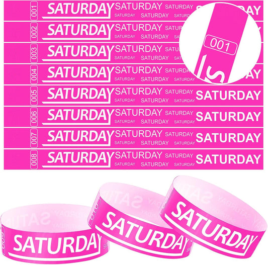 Henoyso 600 Pcs Saturday Paper Wristbands Event Admission Paper Bracelets Numbered Waterproof Party Armbands for Events Day of The Week(Rose Red)