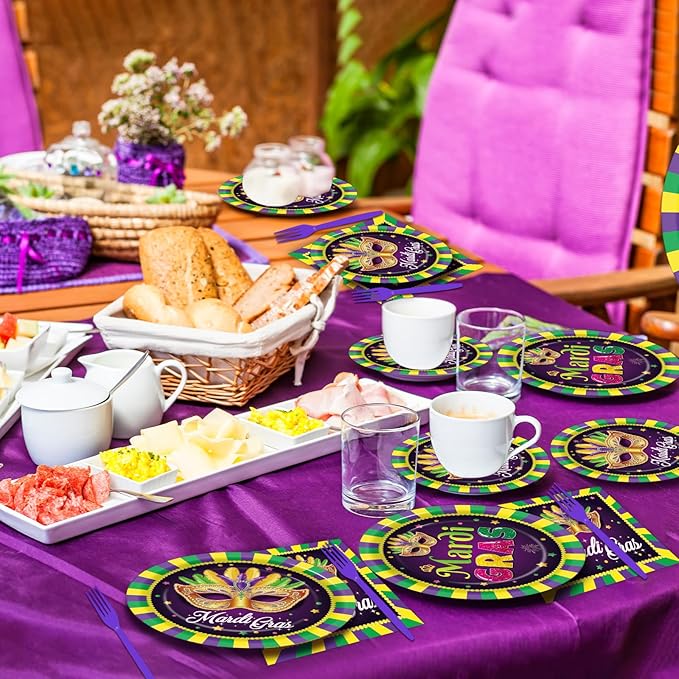 96Pcs Mardi Gras Party Supplies Mardi Gras Paper Plates Napkins Forks Colorful Mardi Gras Decorations Dinnerware Disposable Party Favors Mardi Gras Party Decorations for Party Tableware Serves 24