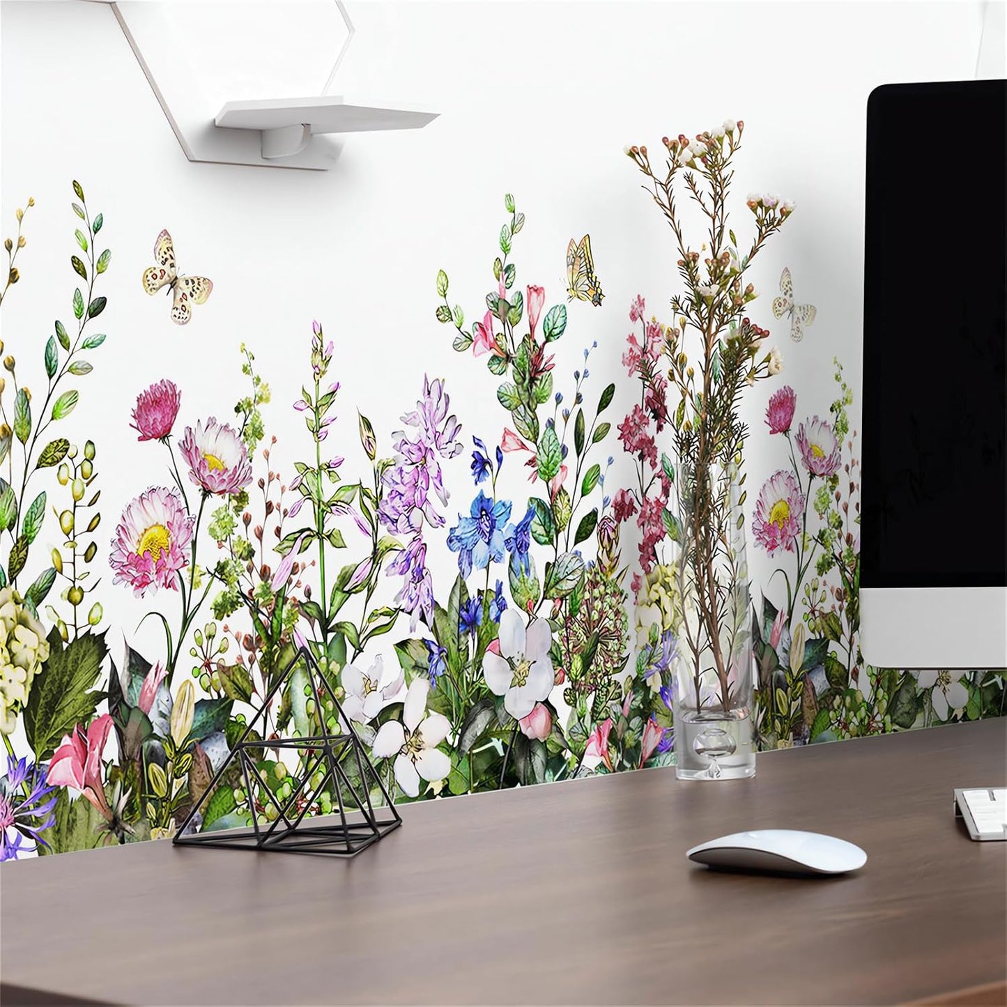 Colorful Flower Butterfly Greenery Wall Sticker,sacinora Floral Art Green Plants Wall Decal Removable Vinyl Peel and Stick for Living Room Bedroom Children's Room Kitchen Sofa TV Background Decoration
