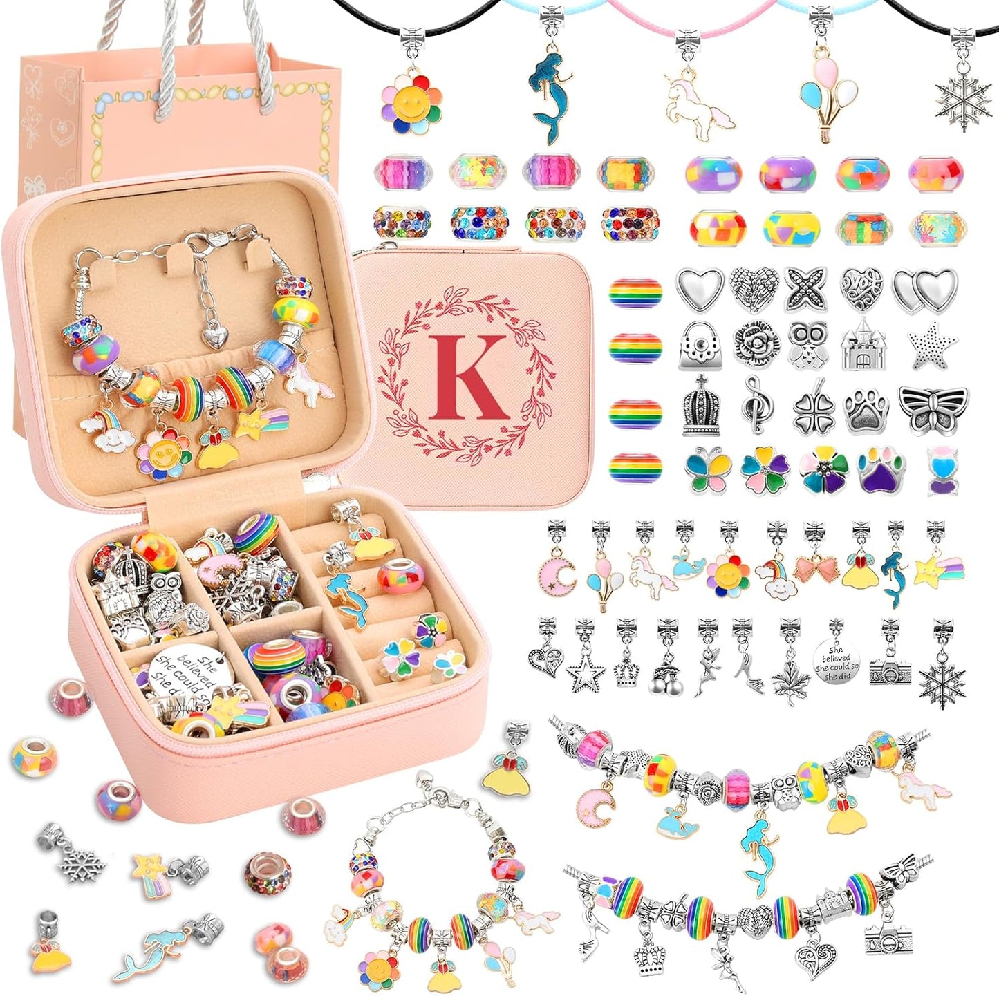 SUREHOME Charm Bracelet Making Kit Girls 3-12, Kids Jewelry Making Kit 66Pcs Jewelry Kits Girls Ages 8-12 Jewelry Maker Craft Necklace Birthday Christmas Gifts w/ Initial Jewelry Organizer Box - K
