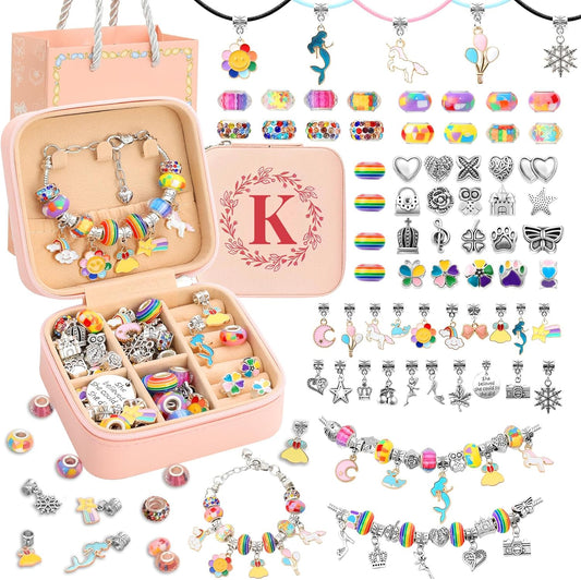 SUREHOME Charm Bracelet Making Kit Girls 3-12, Kids Jewelry Making Kit 66Pcs Jewelry Kits Girls Ages 8-12 Jewelry Maker Craft Necklace Birthday Christmas Gifts w/ Initial Jewelry Organizer Box - K