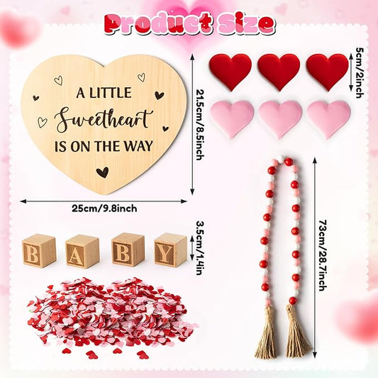 13Pcs Valentine Pregnancy Announcement Set - Coming Soon Baby Announcements Ideas Include Wooden Sign Beads Garland Wood Blocks Sponge Pregnancy Reveal Photo Props for Grandparents Dad Husband Family