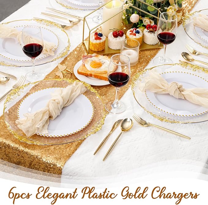 6pcs Clear and Gold Charger Plates,13inch Elegant Plastic Gold Chargers with Floral Trim,Table decoration,Charger Serving Plates for Wedding,Afternoon Tea,Spring,Mother's/Valentine's Day