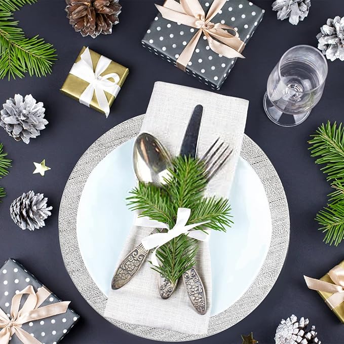 Jucoan 12 Pack Silver Charger Plates, 13 Inch Round Plastic Charger Plates, Decorative Silver Strip Plate Chargers for Dinner Plate, Wedding Thanksgiving Christmas Party Table Decor, Shiny Texture