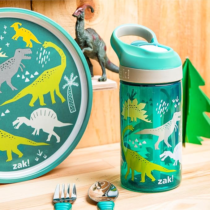 Zak Designs 5-Piece Dinnerware Set, Dinosaur - Durable Plastic & Stainless Steel - Includes Water Bottle, 8-Inch Plate, 6-Inch Bowl, Fork & Spoon - Suitable for Kids Ages 3+