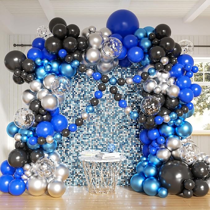 Royal Blue Black and Silver Balloons Garland Arch Kit, 162pcs Different Sizes with Black Royal Blue Metallic Silver Confetti Balloons for Birthday Anniversary 2025 Graduation Prom Party Decorations