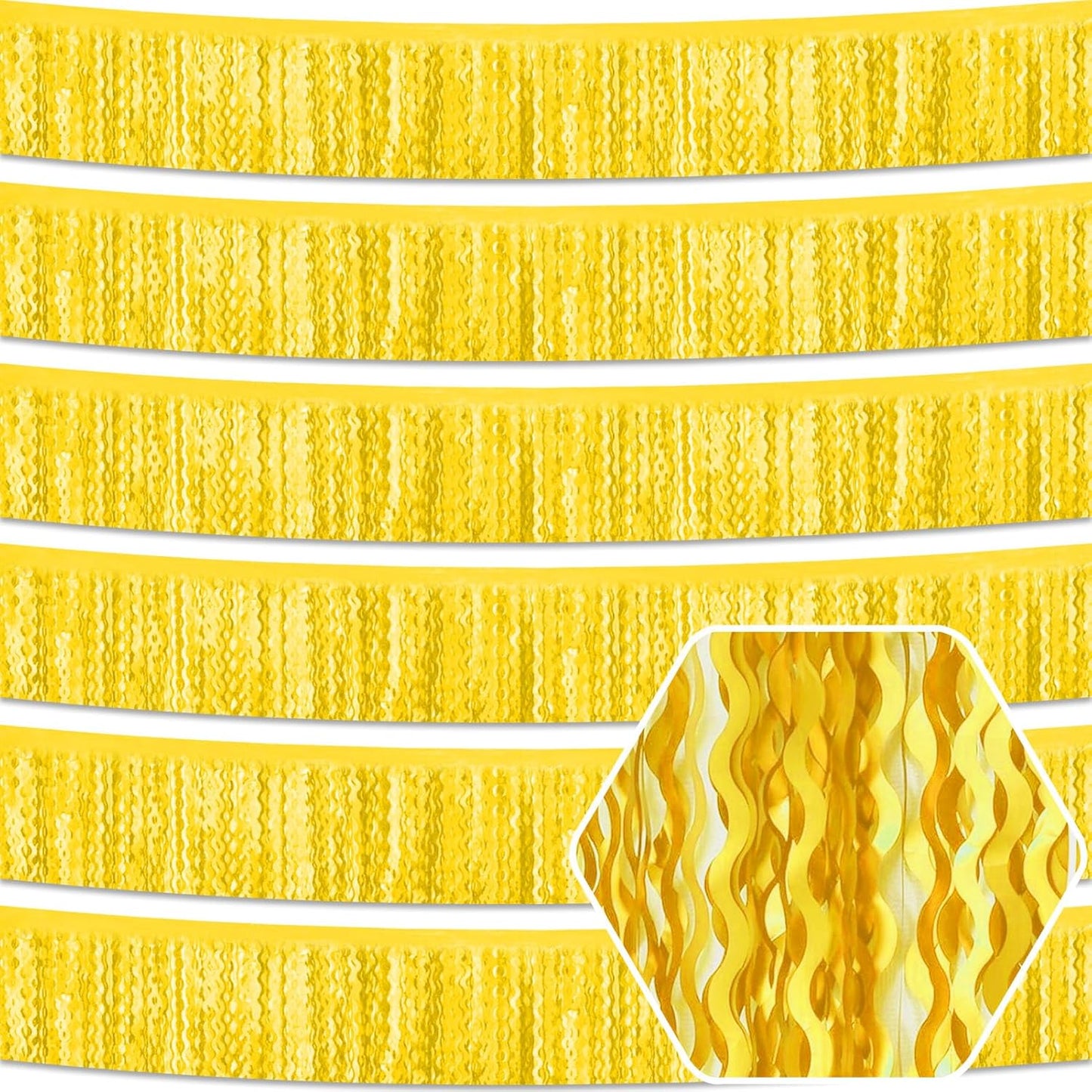 6 Pack 10 Feet Yellow Wave Foil Fringe Garland Metallic Tinsel Streamers Banner Wall Hanging Curtain Backdrop for Parade Floats, Mother's Day, Easter, Wedding, Birthday Party Decoration