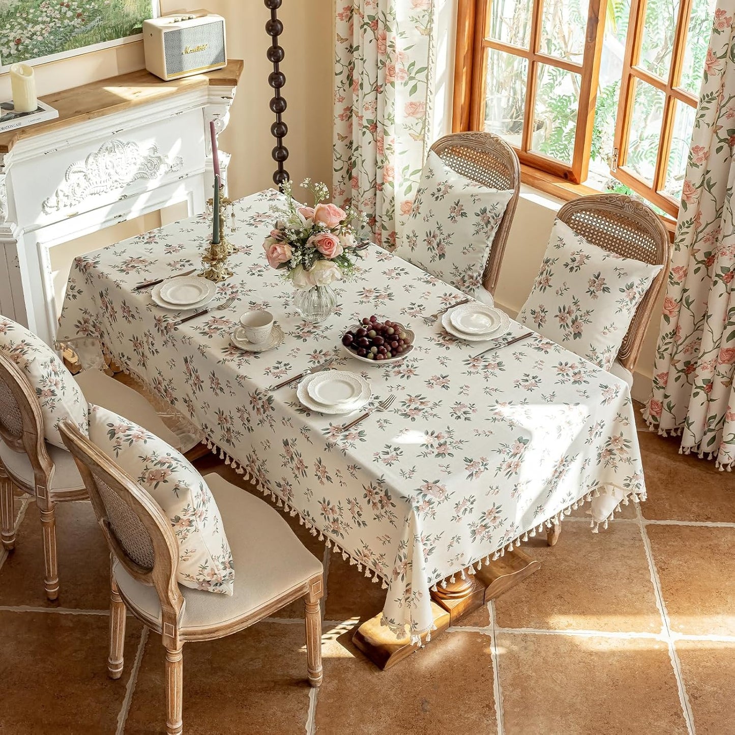 ENJOYBRIDAL Pink Floral Tablecloth - 60 x 84 Inch - Farmhouse Rectangle Table Cloth Boho Dining Washable Picnic Table Cover 6-8 Seats Vintage Kitchen Flower Camping Furniture Protector