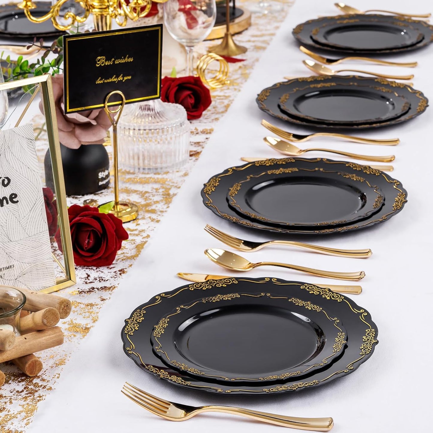 U-QE 100PCS Black Gold Plastic Plates - Heavy Duty Halloween Disposable Plates Including 50PCS 10'' Dinner & 50PCS 7.5'' Dessert Plates - Hard Plastic Plate for Halloween & Party & Wedding