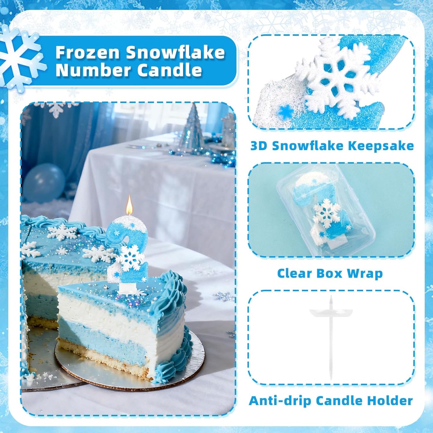 Frozen Birthday Party Decorations, Number 2 Birthday Candle, Frozen Birthday Party Favors, Happy Birthday Candle for Cake, Blue Snowflake Cake Topper Decoration for 2nd 2 Year Old Party Favor Supplies